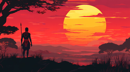 Person in the sunset african warrior design. African Savannah Warriors. Illustration