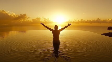 A joyful person raises arms in celebration during a stunning sunset over a serene water landscape.