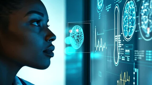 A side profile of a school student engaged in learning data coding, surrounded by an augmented reality interface that showcases various AI cyber security threats. The illustration AL  - Powered by Adobe