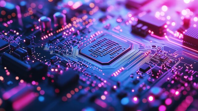 A detailed close-up of a microchip circuit board with vibrant colors and intricate patterns.