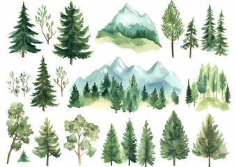 Watercolor Forest Collection: A delightful assortment of hand-painted watercolor illustrations featuring various evergreen trees, deciduous trees, and majestic mountain landscapes.