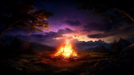 Obraz premium A large campfire burns brightly in the middle of a forest clearing, with mountains in the background.
