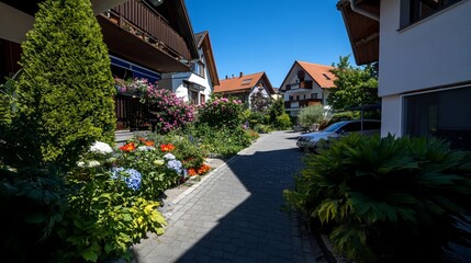 A cobblestone path winds through a lush, flower-filled garden in a quiet residential neighborhood.