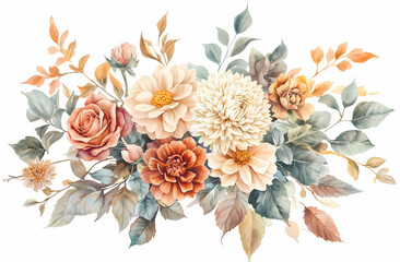 Autumnal Floral Arrangement: A watercolor painting of a lush bouquet featuring dahlias, roses, and eucalyptus in warm autumnal hues.  Elegant and sophisticated.