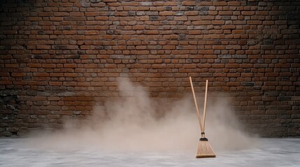 A broom is used to clean dust and debris off the floor in a setting undergoing construction or renovation, showcasing a work in progress