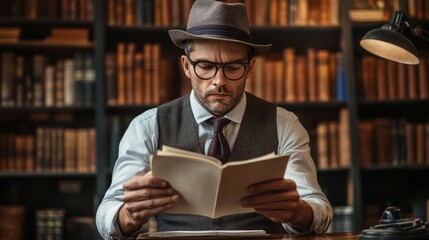 Thoughtful Man Reading in a Vintage Library