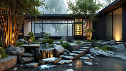 Fototapeta premium Premium minimalist house designs featuring zen elements peaceful atmosphere and balanced architecture with natural elements showcasing modern luxury living spaces and harmonious lifestyle environments
