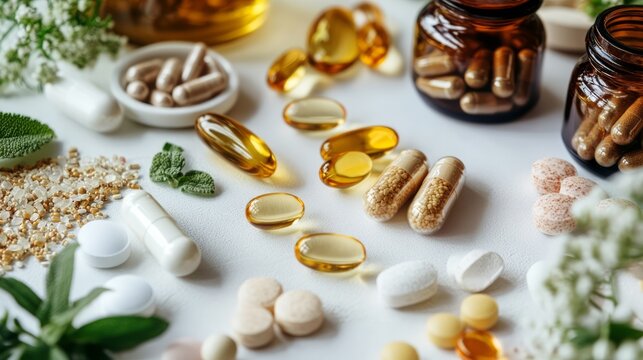 Various Dietary Supplements and Vitamins on a Neutral Background