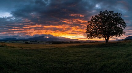 Fototapeta premium A lone tree stands silhouetted against a fiery sunset over rolling hills and a vast, green field.