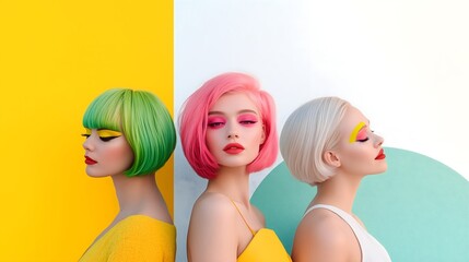 Three women with colorful bob wigs in green, pink and platinum blonde wearing yellow tops on multicolored background, modern beauty and fashion concept