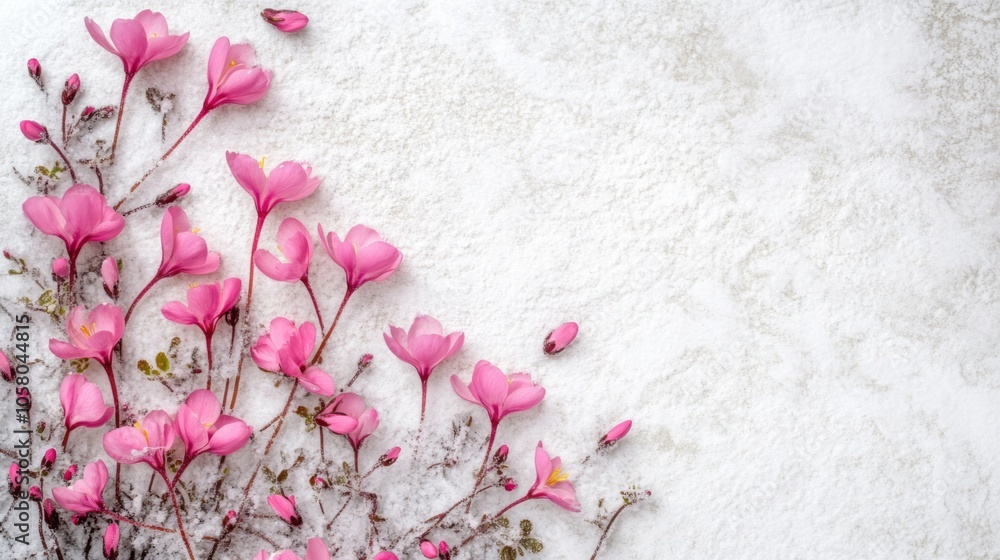Poster soft pink flowers are elegantly arranged on a light textured background. the delicate petals contras