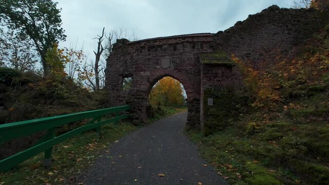 View ruins of old castle. Ruin of Hohnstein Castle, Harz mountains, Germany.