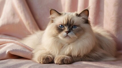 Fototapeta premium Serene Ragdoll Cat Lounging on Pink Satin