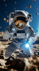 Space exploration scene with astronaut on lunar landscape

