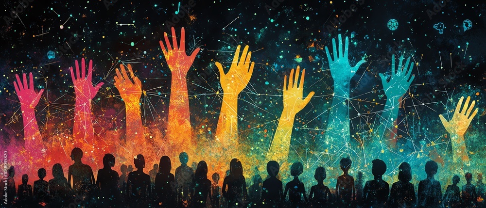 Aufkleber abstract design of hands presenting a digital interface with human icons, showcasing a silhouette wi