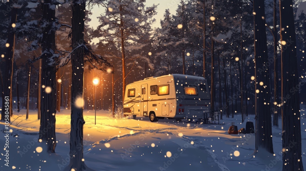 Poster a recreational vehicle sits peacefully in a snowy forest, illuminated by a nearby lamp. snowflakes g