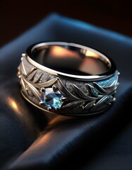 A close-up of a silver ring with a blue gemstone and intricate leaf design.