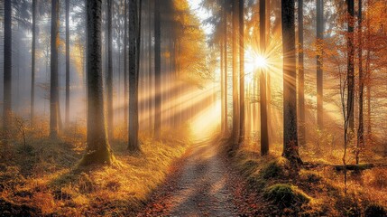 Obraz premium A sun-drenched path winds through an autumn forest, rays of light piercing the mist and illuminating the golden leaves.