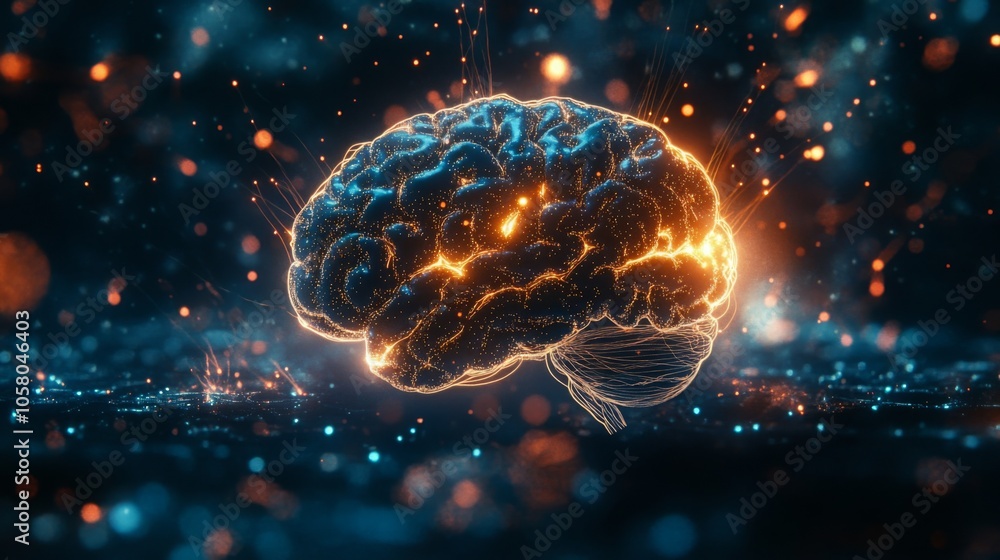 Aufkleber A vibrant, three-dimensional depiction of a brain radiating glowing elements in various colors. This artwork emphasizes neural activity and connections, set against a dark, starry background.