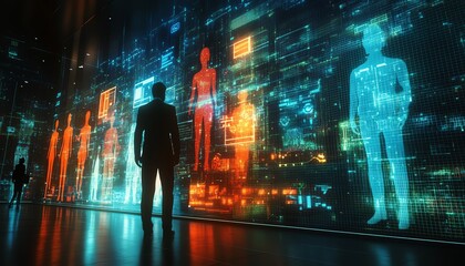 Business professional with virtual icons of male and female figures on a digital network screen
