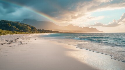 A vibrant rainbow arching over a tranquil beach with gentle waves and lush mountains in the background.