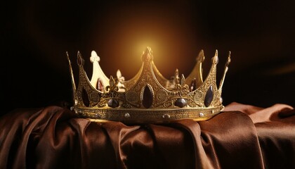 A gleaming golden crown sits atop a plush brown velvet cloth. The crown is adorned with intricate details and sparkling jewels.