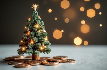 Small Christmas tree (new year) decorated with a golden Christmas lights, money coins near by, golden bokeh on the background, empty space, copy space