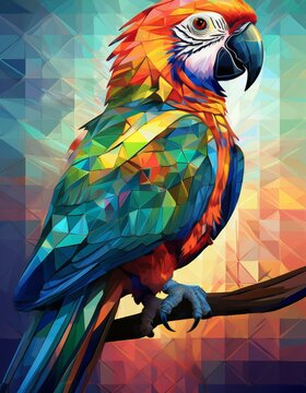 A vibrant, colorful parrot with a geometric design perches on a branch.
