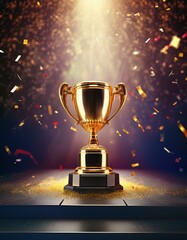 A golden trophy sits on a stage, surrounded by confetti, under a spotlight. The symbol of victory and achievement.