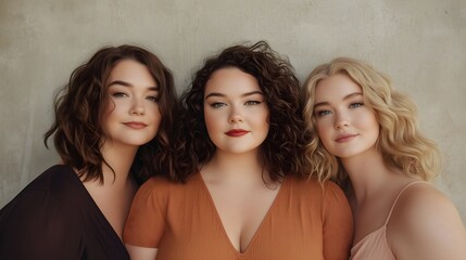 Obraz premium Three diverse women with curly brown, black and blonde hair wearing earth tone tops on beige background, natural beauty and body positive concept 