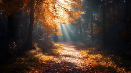 An autumn forest path sunbeams breaking through