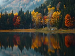 An autumnal lake as smooth as glass surrounded by colorful trees