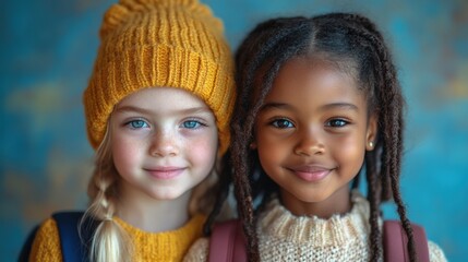Two little girls bundled up for autumn outdoors, smiling, friendship, fall season, kids in jackets, outdoor play, best friends, close-up, cozy autumn clothing, cheerful expressions
