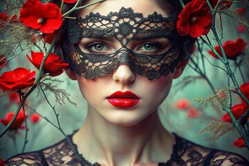Surreal portrait of a mysterious woman with pale porcelain skin, her eyes hidden by intricate dark lace wrapped as a blindfold, adorned with detailed floral embroidery.