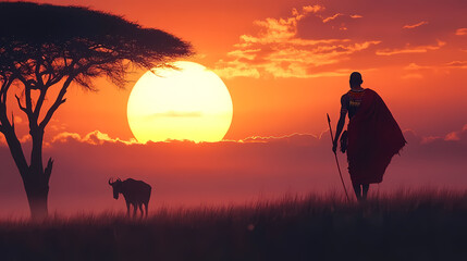 Stunning african sunset with silhouette of a maasai warrior and acacia trees. African Savannah Warriors. Illustration