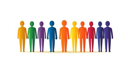Inclusive, minimalistic crowd in various colors, featuring people of different ages and body shapes on a white background, symbolizing unity
