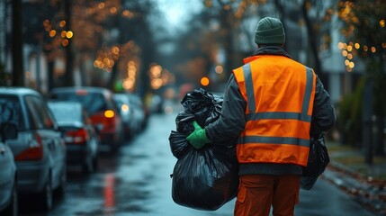 Fototapeta premium Garbage collector in reflective vest holding trash bags, early morning street scene, waste management, urban cleaning, public service, hardworking job, community, autumn leaves