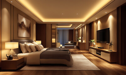 Luxurious Modern Bedroom: A contemporary bedroom exudes elegance and warmth with its sleek design, soft lighting, and rich wood flooring.