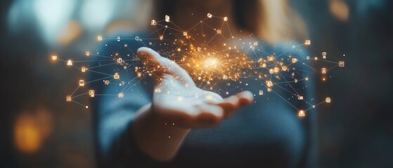 Person reaching out with their hand, displaying a network of floating people icons, symbolizing social and business connections in a digital age