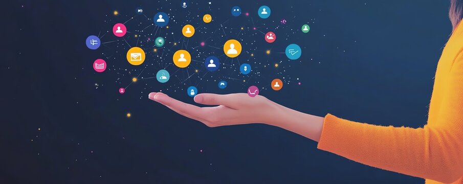 Person holding out their hand with floating icons of people, embodying the idea of networking and human connections essential for business success