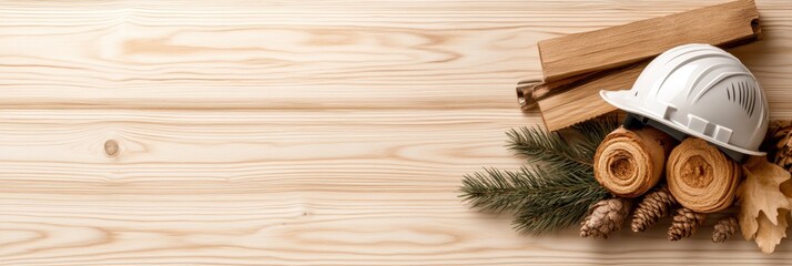 Rustic wood background with construction helmet and natural elements