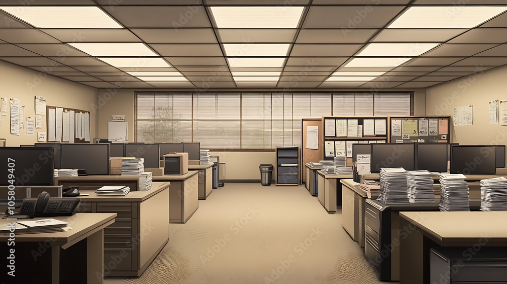 Poster spacious modern office interior with stacks of papers and computers on desks : generative ai