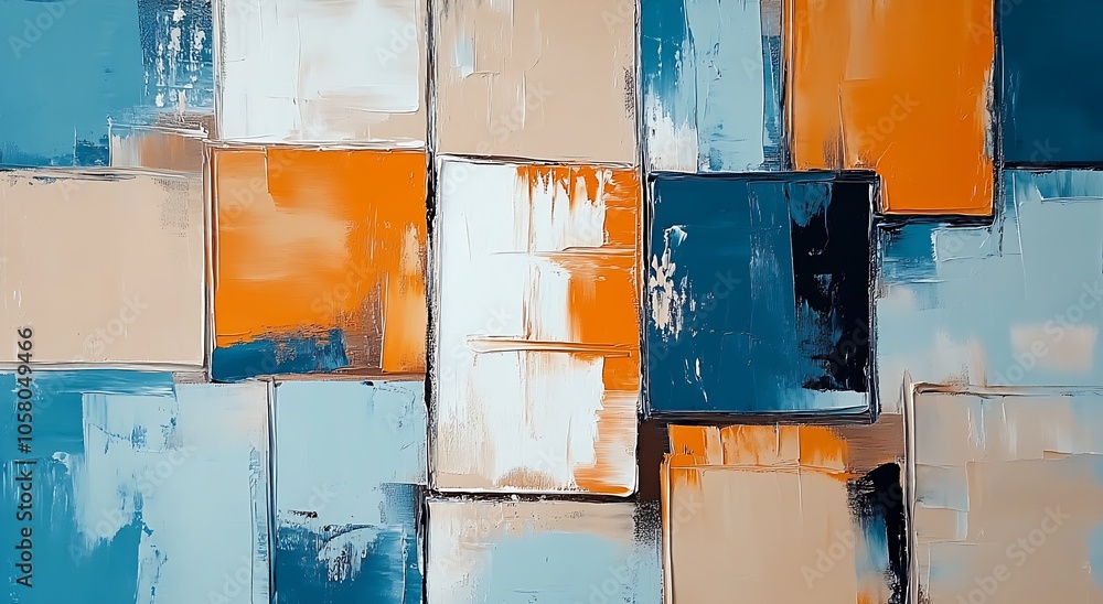Poster colorful abstract paint splatter art with blue orange and beige geometric patterns : generative ai
