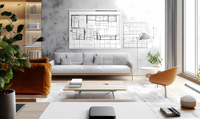 Modern Minimalist Living Room Design:  A serene and stylish living room with a gray concrete wall, a plush gray sofa, a wooden coffee table, and an orange armchair.