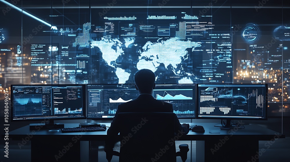 Poster High-Tech Global Data Analysis with Business Professional and Digital World Map : Generative AI