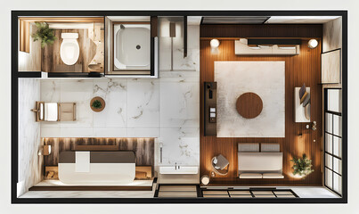 Modern Japanese Apartment Floor Plan: A sleek and minimalist design, featuring a spacious living area with a comfortable sofa and a large TV, a modern kitchen with a marble countertop.