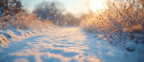 Tranquil winter background with a snowcovered ground, accentuated by softfocus bokeh effects in the foreground for a peaceful aesthetic