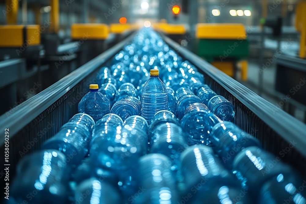 Poster automated production line with blue plastic bottles symbolizing modern manufacturing : generative ai