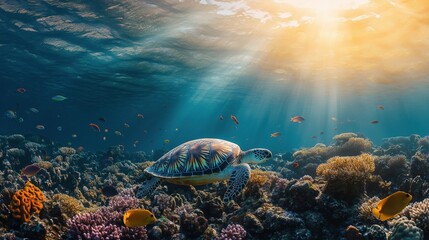Naklejka premium A beautiful sea turtle gliding through vibrant coral reefs with colorful fish in clear blue water.