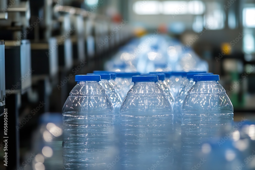 Poster Closeup view of large plastic water bottles on assembly line in factory : Generative AI